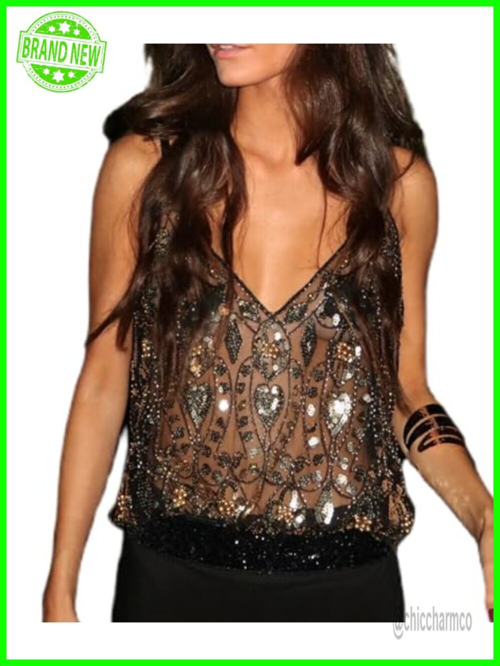 Sequin Beaded Halter Crop Top Sheer Mesh Embroidered Cami Y2K Party